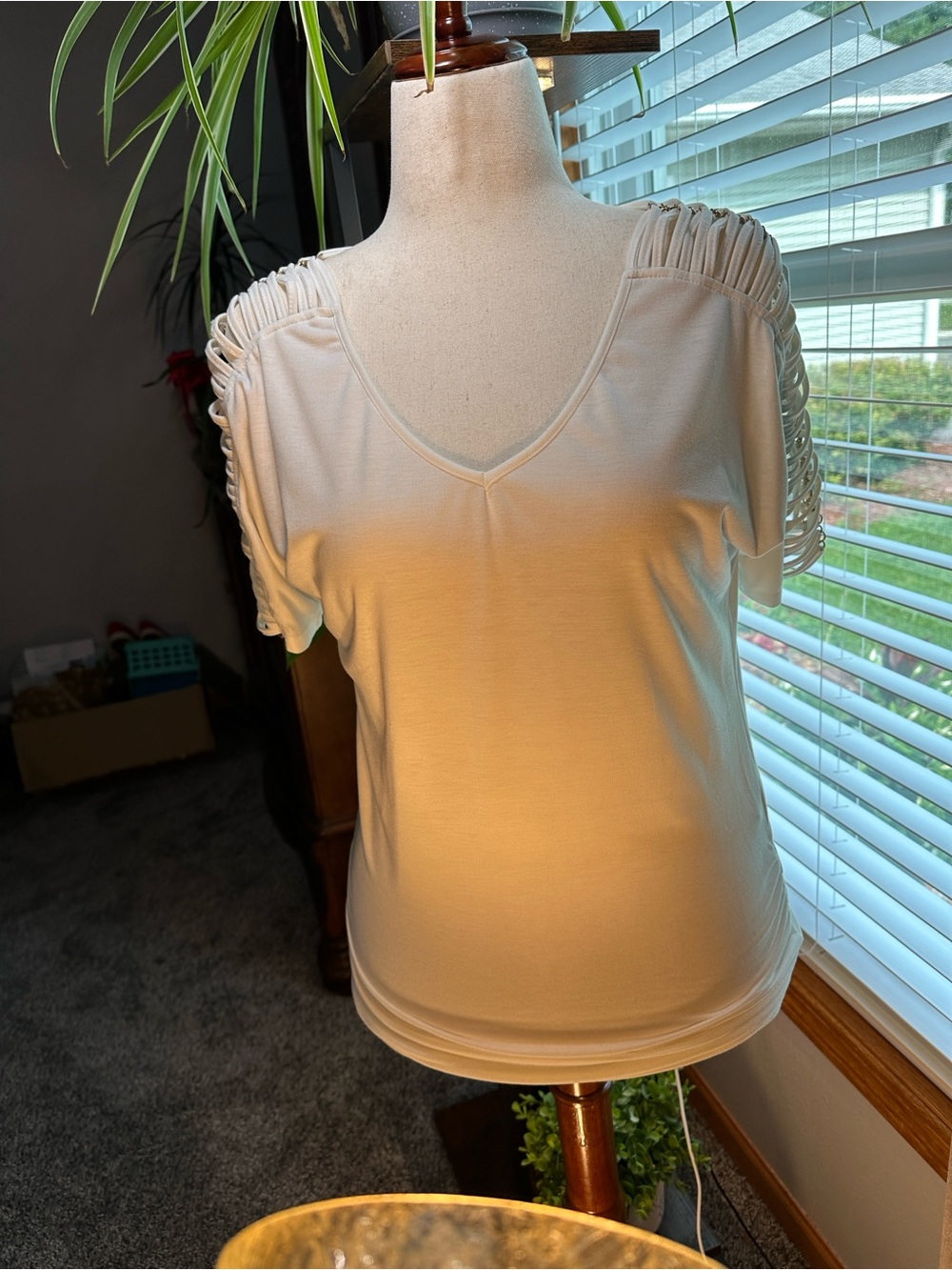 Women's whiteV-Neck Top with Braided Shoulder Detail